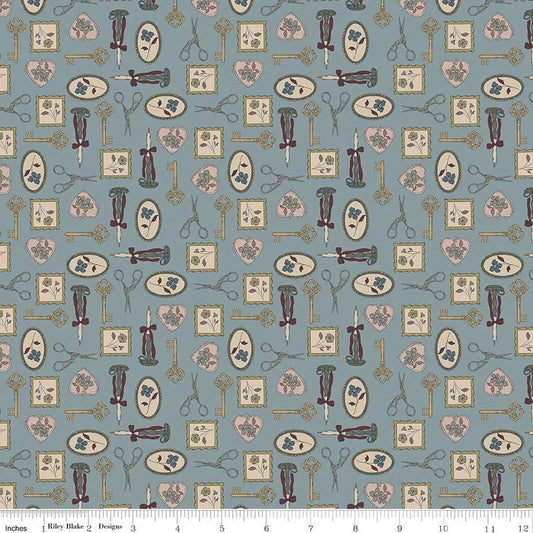 Image of Charmed & Treasured Charmed Storm by Kassidy Grace for Riley Blake Designs. Features keys on a blue background. Cute Little Fabric Shop.