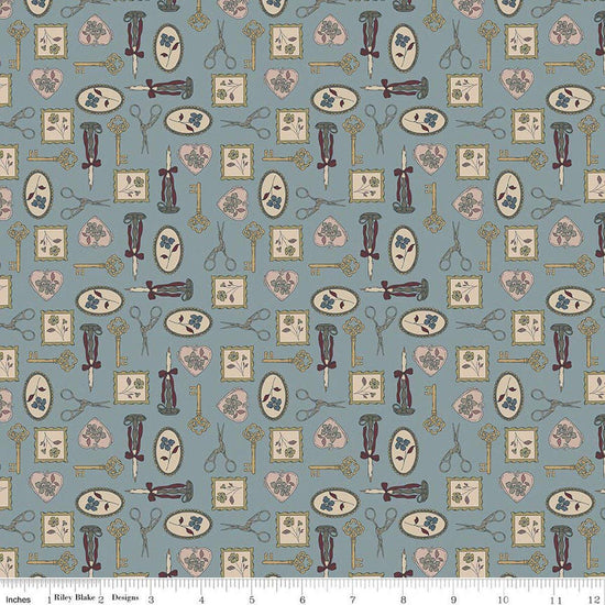 Image of Charmed & Treasured Charmed Storm by Kassidy Grace for Riley Blake Designs. Features keys on a blue background. Cute Little Fabric Shop.
