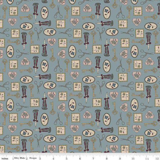 Image of Charmed & Treasured Charmed Storm by Kassidy Grace for Riley Blake Designs. Features keys on a blue background. Cute Little Fabric Shop.