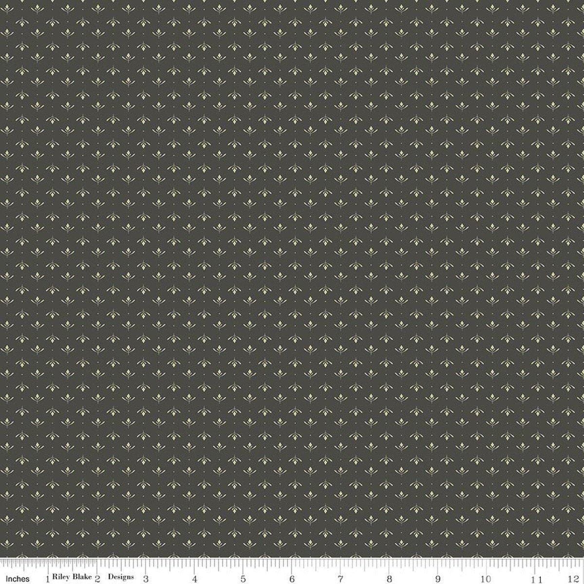 Image of Charmed & Treasured Lottie Gray by Kassidy Grace for Riley Blake Designs. Features a geometric pattern on a gray background. Cute Little Fabric Shop.