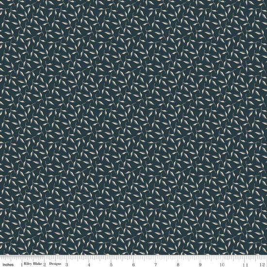 Image of Charmed & Treasured Evergreen Carbon by Kassidy Grace for Riley Blake Designs. Features leaves on a blue background. Cute Little Fabric Shop.