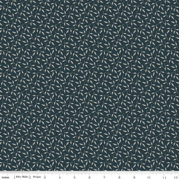 Image of Charmed & Treasured Evergreen Carbon by Kassidy Grace for Riley Blake Designs. Features leaves on a blue background. Cute Little Fabric Shop.
