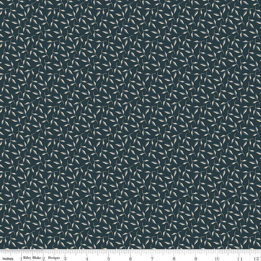 Image of Charmed & Treasured Evergreen Carbon by Kassidy Grace for Riley Blake Designs. Features leaves on a blue background. Cute Little Fabric Shop.
