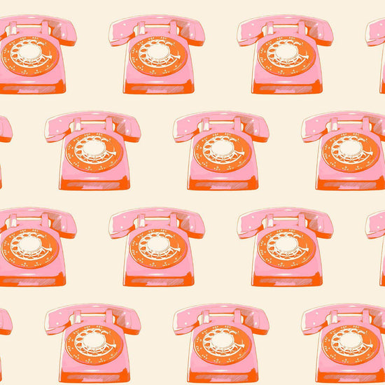 Image of Sparkle Mart Telephones Natural quilting cotton fabric by Melody Miller of Ruby Star Society for Moda Fabrics. Features retro phones on a cream background. Cute Little Fabric Shop.