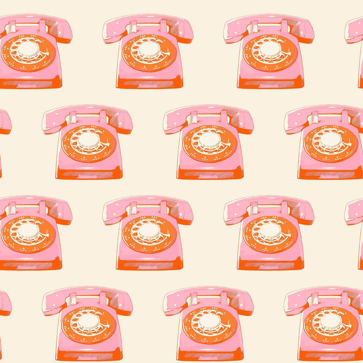 Image of Sparkle Mart Telephones Natural quilting cotton fabric by Melody Miller of Ruby Star Society for Moda Fabrics. Features retro phones on a cream background. Cute Little Fabric Shop.