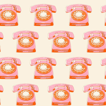 Image of Sparkle Mart Telephones Natural quilting cotton fabric by Melody Miller of Ruby Star Society for Moda Fabrics. Features retro phones on a cream background. Cute Little Fabric Shop.