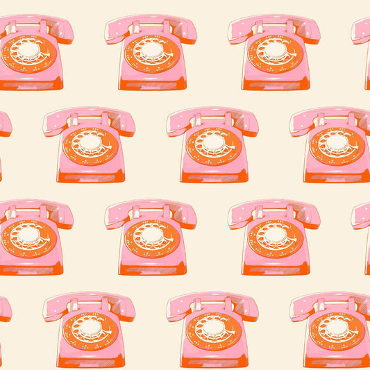 Image of Sparkle Mart Telephones Natural quilting cotton fabric by Melody Miller of Ruby Star Society for Moda Fabrics. Features retro phones on a cream background. Cute Little Fabric Shop.