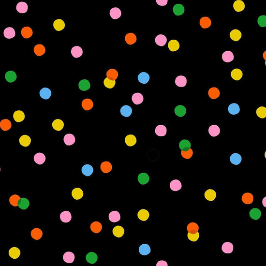 Image of Sparkle Mart Spritz Black quilting cotton fabric by Melody Miller of Ruby Star Society for Moda Fabrics. Features polka dots on a black background. Cute Little Fabric Shop.