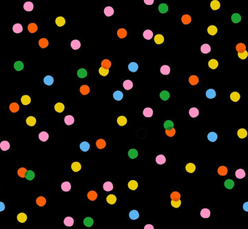 Image of Sparkle Mart Spritz Black quilting cotton fabric by Melody Miller of Ruby Star Society for Moda Fabrics. Features polka dots on a black background. Cute Little Fabric Shop.