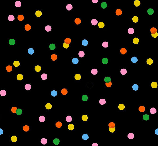 Image of Sparkle Mart Spritz Black quilting cotton fabric by Melody Miller of Ruby Star Society for Moda Fabrics. Features polka dots on a black background. Cute Little Fabric Shop.
