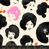Image of Sparkle Mart Dotties Friends Black quilting cotton fabric by Melody Miller of Ruby Star Society for Moda Fabrics. Features women on a black background. Cute Little Fabric Shop.