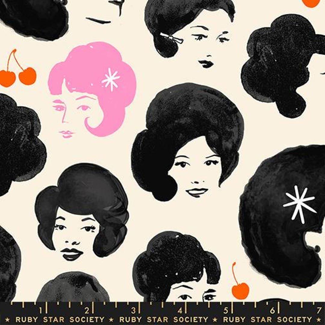 Image of Sparkle Mart Dotties Friends Black quilting cotton fabric by Melody Miller of Ruby Star Society for Moda Fabrics. Features women on a black background. Cute Little Fabric Shop.