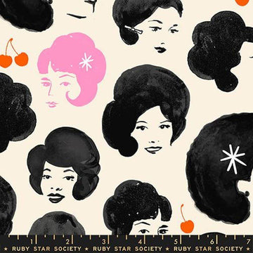 Image of Sparkle Mart Dotties Friends Black quilting cotton fabric by Melody Miller of Ruby Star Society for Moda Fabrics. Features women on a black background. Cute Little Fabric Shop.