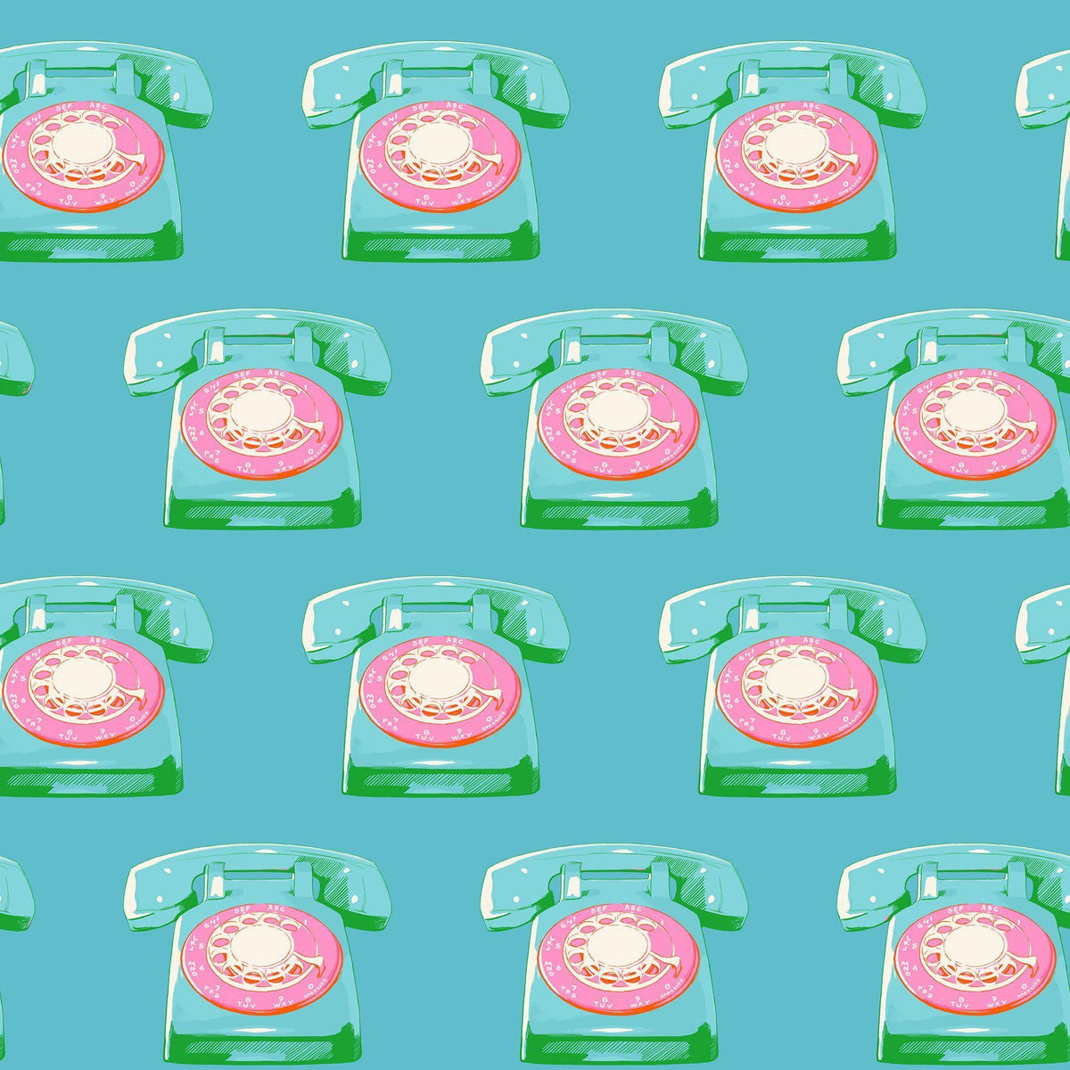 Image of Sparkle Mart Telephones Dark Turquoise quilting cotton fabric by Melody Miller of Ruby Star Society for Moda Fabrics. Features retro phones on a blue background. Cute Little Fabric Shop.