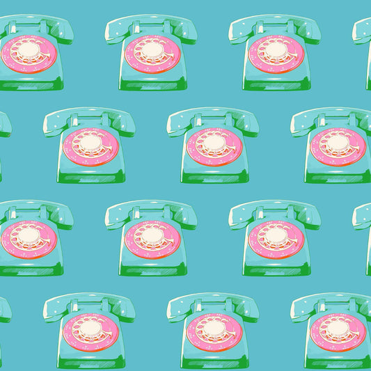 Image of Sparkle Mart Telephones Dark Turquoise quilting cotton fabric by Melody Miller of Ruby Star Society for Moda Fabrics. Features retro phones on a blue background. Cute Little Fabric Shop.