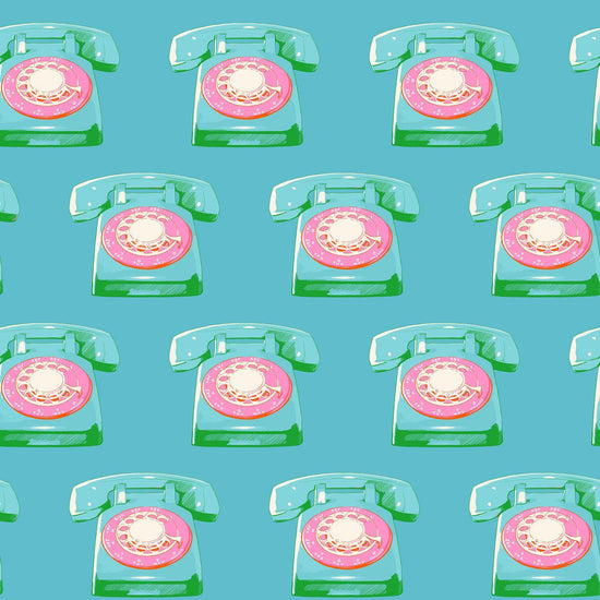 Image of Sparkle Mart Telephones Dark Turquoise quilting cotton fabric by Melody Miller of Ruby Star Society for Moda Fabrics. Features retro phones on a blue background. Cute Little Fabric Shop.