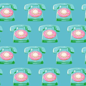 Image of Sparkle Mart Telephones Dark Turquoise quilting cotton fabric by Melody Miller of Ruby Star Society for Moda Fabrics. Features retro phones on a blue background. Cute Little Fabric Shop.