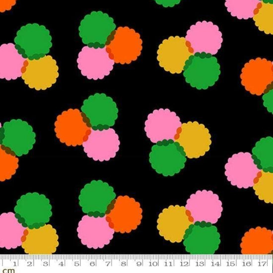 Image of Sparkle Mart Puffs Black quilting cotton fabric by Melody Miller of Ruby Star Society for Moda Fabrics. Features polka dots on a black background. Cute Little Fabric Shop.