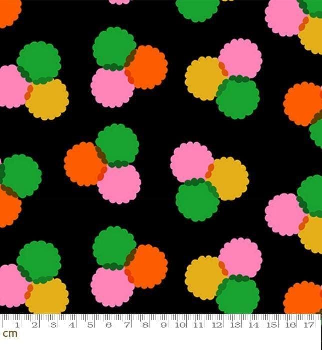 Image of Sparkle Mart Puffs Black quilting cotton fabric by Melody Miller of Ruby Star Society for Moda Fabrics. Features polka dots on a black background. Cute Little Fabric Shop.