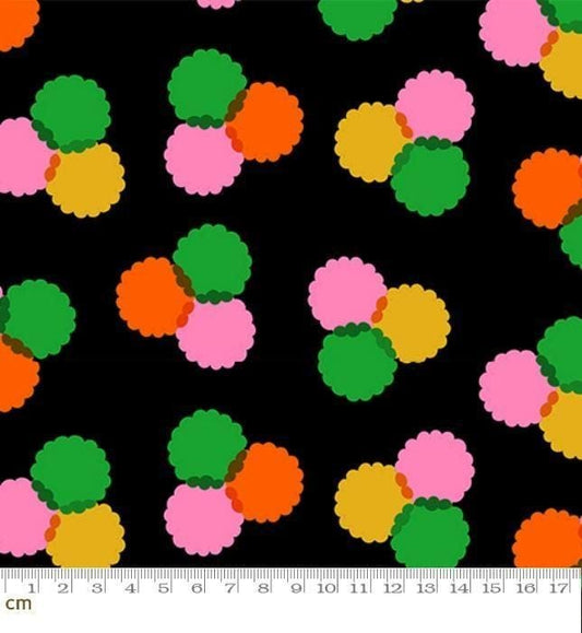 Image of Sparkle Mart Puffs Black quilting cotton fabric by Melody Miller of Ruby Star Society for Moda Fabrics. Features polka dots on a black background. Cute Little Fabric Shop.