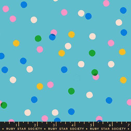 Image of Sparkle Mart Spritz Dark Turquoise quilting cotton fabric by Melody Miller of Ruby Star Society for Moda Fabrics. Features polka dots on a blue background. Cute Little Fabric Shop.