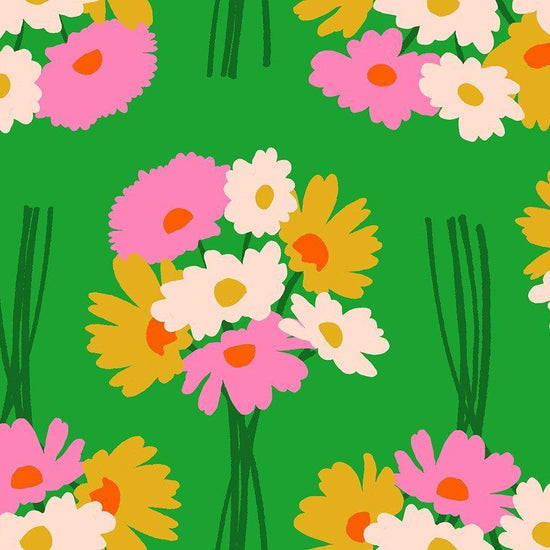 Image of Sparkle Mart Flower Department Verdant quilting cotton fabric by Melody Miller of Ruby Star Society for Moda Fabrics. Features flowers on a green background. Cute Little Fabric Shop.