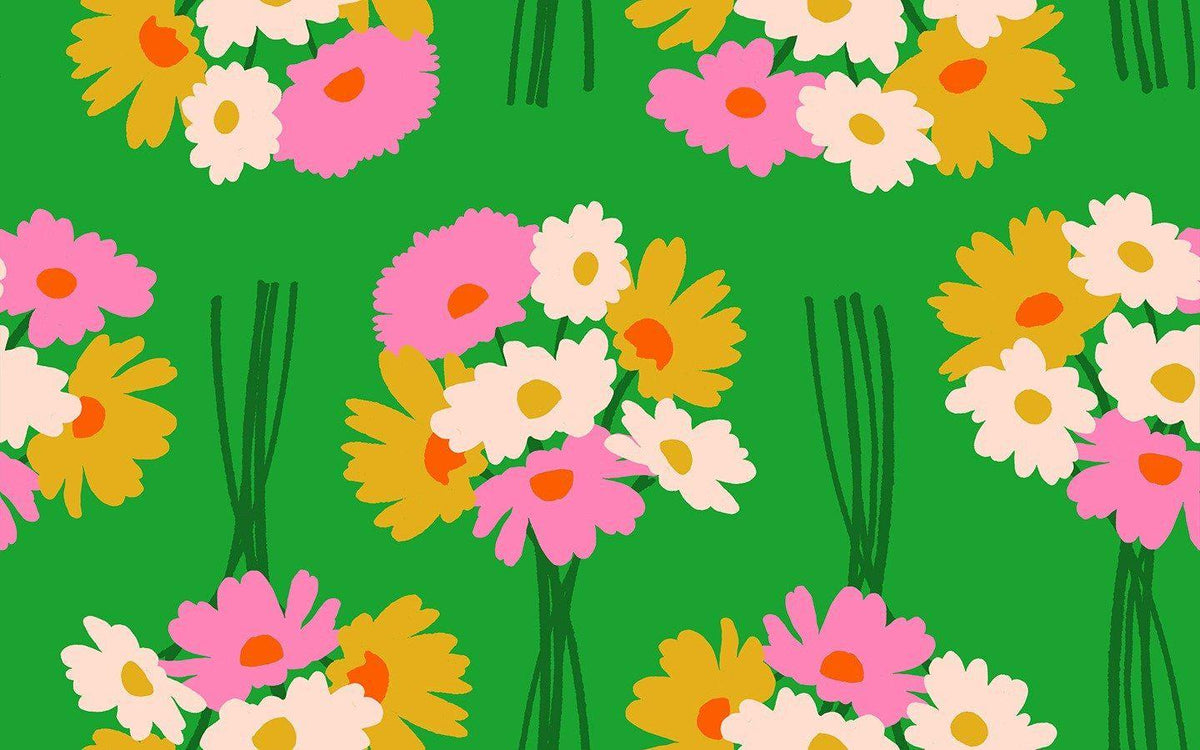 Image of Sparkle Mart Flower Department Verdant quilting cotton fabric by Melody Miller of Ruby Star Society for Moda Fabrics. Features flowers on a green background. Cute Little Fabric Shop.