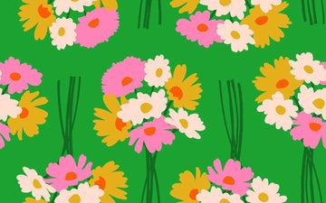 Image of Sparkle Mart Flower Department Verdant quilting cotton fabric by Melody Miller of Ruby Star Society for Moda Fabrics. Features flowers on a green background. Cute Little Fabric Shop.