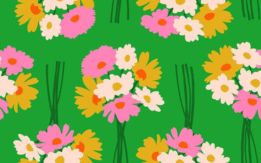 Image of Sparkle Mart Flower Department Verdant quilting cotton fabric by Melody Miller of Ruby Star Society for Moda Fabrics. Features flowers on a green background. Cute Little Fabric Shop.