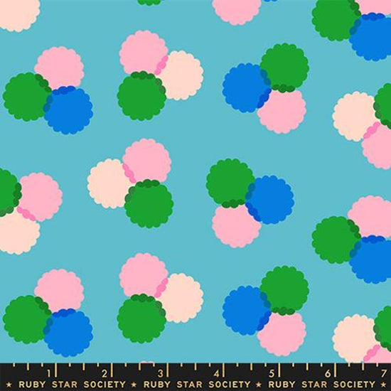Image of Sparkle Mart Puffs Dark Turquoise quilting cotton fabric by Melody Miller of Ruby Star Society for Moda Fabrics. Features polka dots on a blue background. Cute Little Fabric Shop.