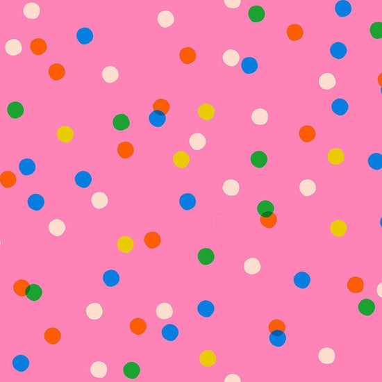 Image of Sparkle Mart Spriz June quilting cotton fabric by Melody Miller of Ruby Star Society for Moda Fabrics. Features polka dots on a pink background. Cute Little Fabric Shop.