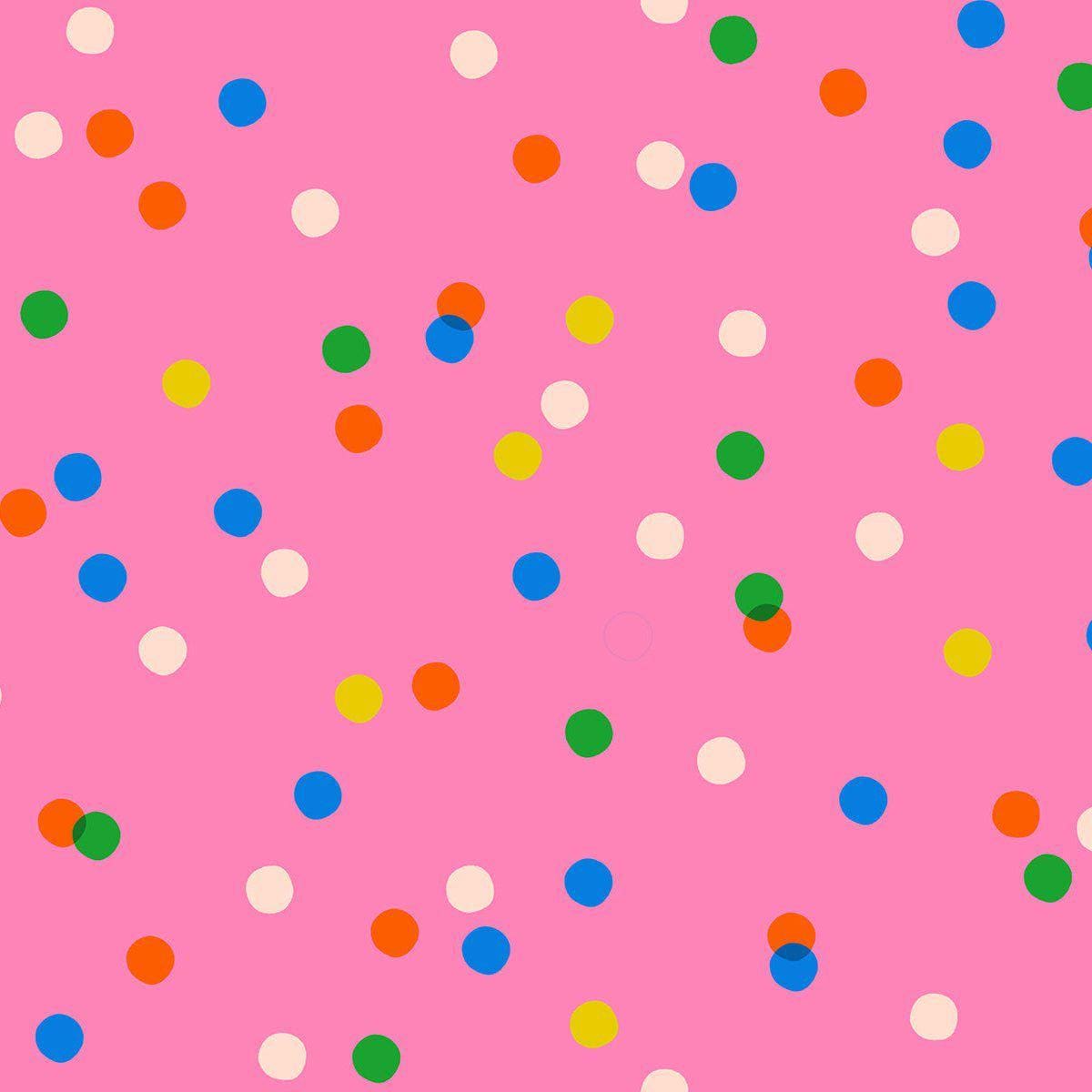Image of Sparkle Mart Spriz June quilting cotton fabric by Melody Miller of Ruby Star Society for Moda Fabrics. Features polka dots on a pink background. Cute Little Fabric Shop.