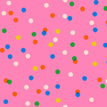 Image of Sparkle Mart Spriz June quilting cotton fabric by Melody Miller of Ruby Star Society for Moda Fabrics. Features polka dots on a pink background. Cute Little Fabric Shop.