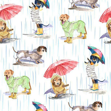Paws in the Rain Dogs White Dog Fabric - DCX12400 - Michael Miller Quilting Cotton Fabric