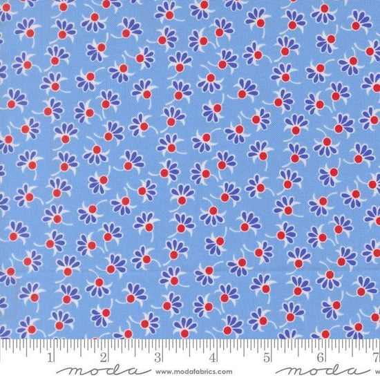 Image of On The Porch Wishes Blue Sky quilting cotton fabric by My and My Sister Designs for Moda Fabrics. Features flowers on a blue background. Cute Little Fabric Shop.