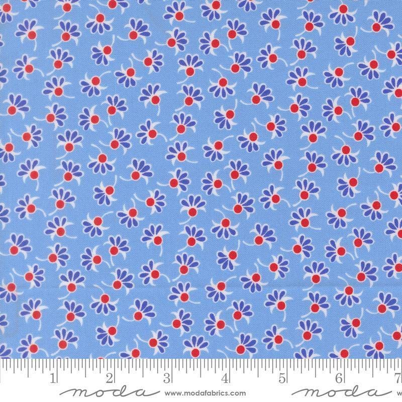 Image of On The Porch Wishes Blue Sky quilting cotton fabric by My and My Sister Designs for Moda Fabrics. Features flowers on a blue background. Cute Little Fabric Shop.