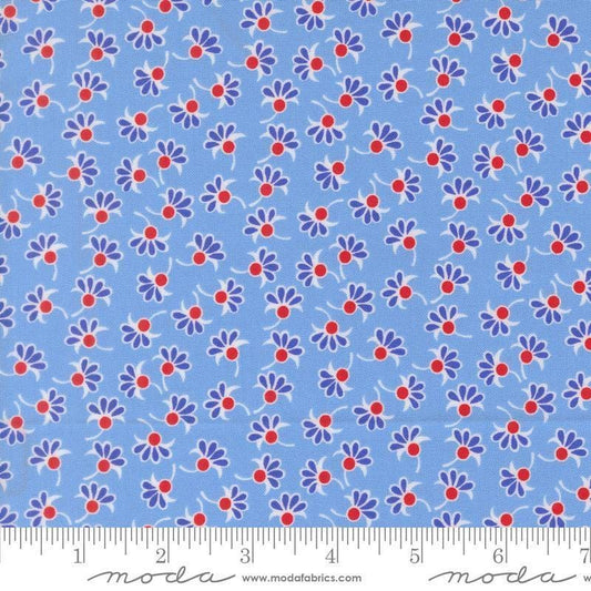Image of On The Porch Wishes Blue Sky quilting cotton fabric by My and My Sister Designs for Moda Fabrics. Features flowers on a blue background. Cute Little Fabric Shop.