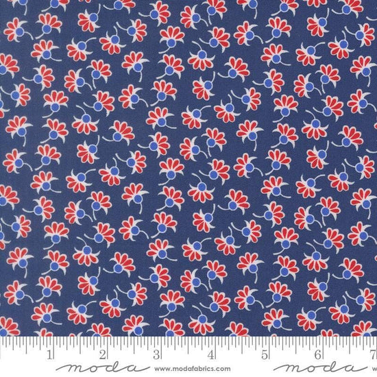 Image of On The Porch Wishes Navy quilting cotton fabric by My and My Sister Designs for Moda Fabrics. Features flowers on a blue background. Cute Little Fabric Shop.
