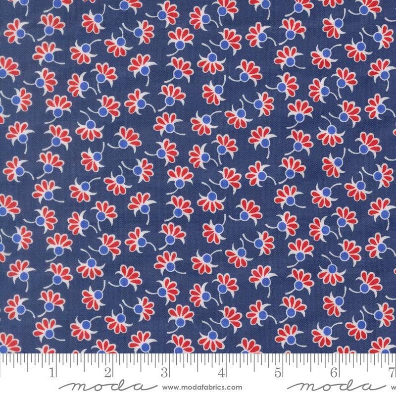 Image of On The Porch Wishes Navy quilting cotton fabric by My and My Sister Designs for Moda Fabrics. Features flowers on a blue background. Cute Little Fabric Shop.