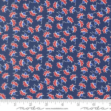 Image of On The Porch Wishes Navy quilting cotton fabric by My and My Sister Designs for Moda Fabrics. Features flowers on a blue background. Cute Little Fabric Shop.