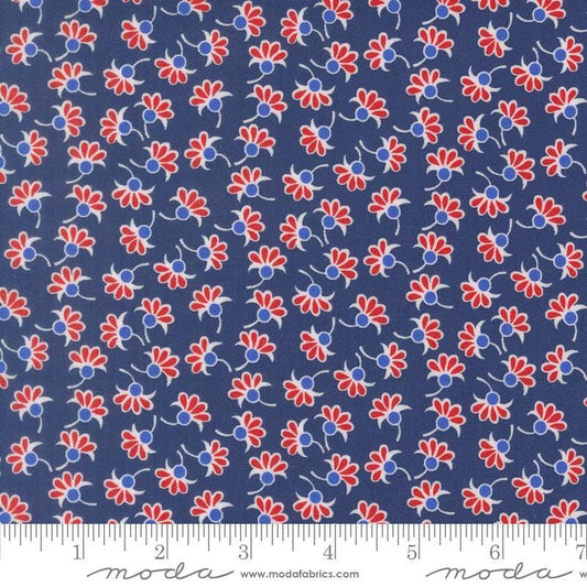 Image of On The Porch Wishes Navy quilting cotton fabric by My and My Sister Designs for Moda Fabrics. Features flowers on a blue background. Cute Little Fabric Shop.