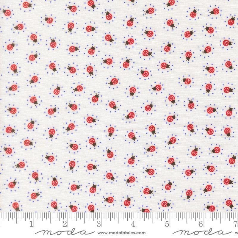 Image of On The Porch Little Friends Cloud quilting cotton fabric by My and My Sister Designs for Moda Fabrics. Features ladybugs on a white background. Cute Little Fabric Shop.