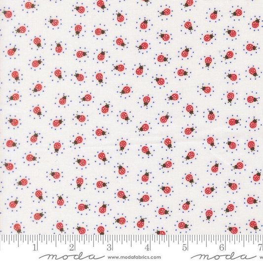 Image of On The Porch Little Friends Cloud quilting cotton fabric by My and My Sister Designs for Moda Fabrics. Features ladybugs on a white background. Cute Little Fabric Shop.