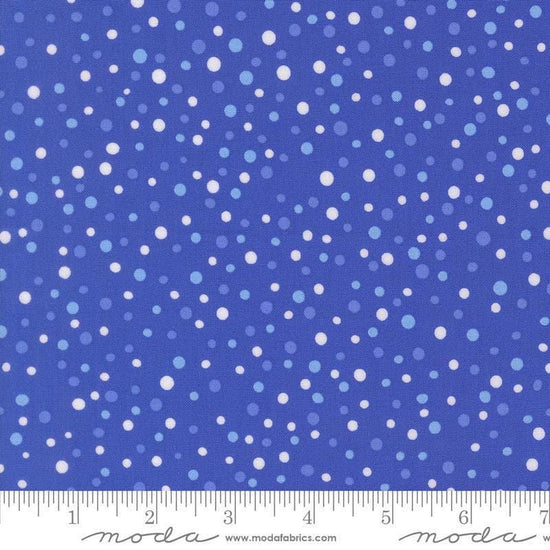 Image of On The Porch Country Rain Bountiful Blue quilting cotton fabric by My and My Sister Designs for Moda Fabrics. Features polka dots on a blue background. Cute Little Fabric Shop.