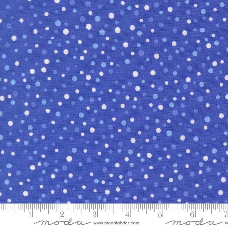 Image of On The Porch Country Rain Bountiful Blue quilting cotton fabric by My and My Sister Designs for Moda Fabrics. Features polka dots on a blue background. Cute Little Fabric Shop.