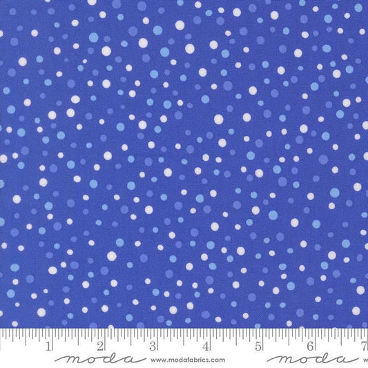 Image of On The Porch Country Rain Bountiful Blue quilting cotton fabric by My and My Sister Designs for Moda Fabrics. Features polka dots on a blue background. Cute Little Fabric Shop.