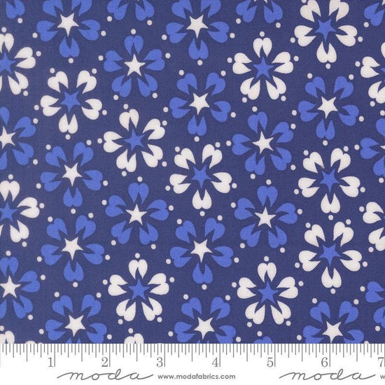 Image of On The Porch Flower Bust Bountiful Blue quilting cotton fabric by My and My Sister Designs for Moda Fabrics. Features flowers on a blue background. Cute Little Fabric Shop.