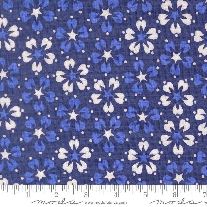 Image of On The Porch Flower Bust Bountiful Blue quilting cotton fabric by My and My Sister Designs for Moda Fabrics. Features flowers on a blue background. Cute Little Fabric Shop.