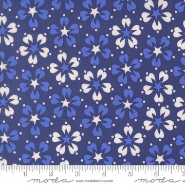 Image of On The Porch Flower Bust Bountiful Blue quilting cotton fabric by My and My Sister Designs for Moda Fabrics. Features flowers on a blue background. Cute Little Fabric Shop.