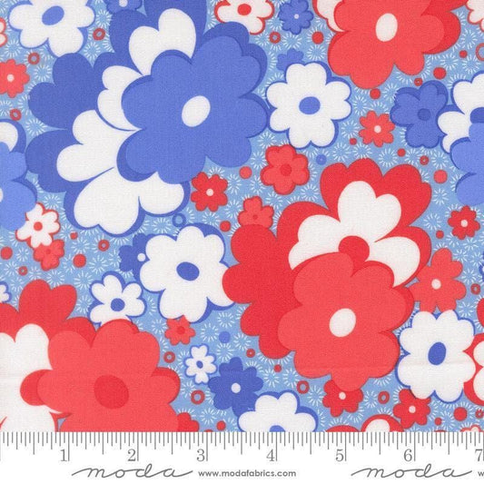 Image of On The Porch Freedom Floral Blue Sky quilting cotton fabric by My and My Sister Designs for Moda Fabrics. Features flowers on a blue background. Cute Little Fabric Shop.